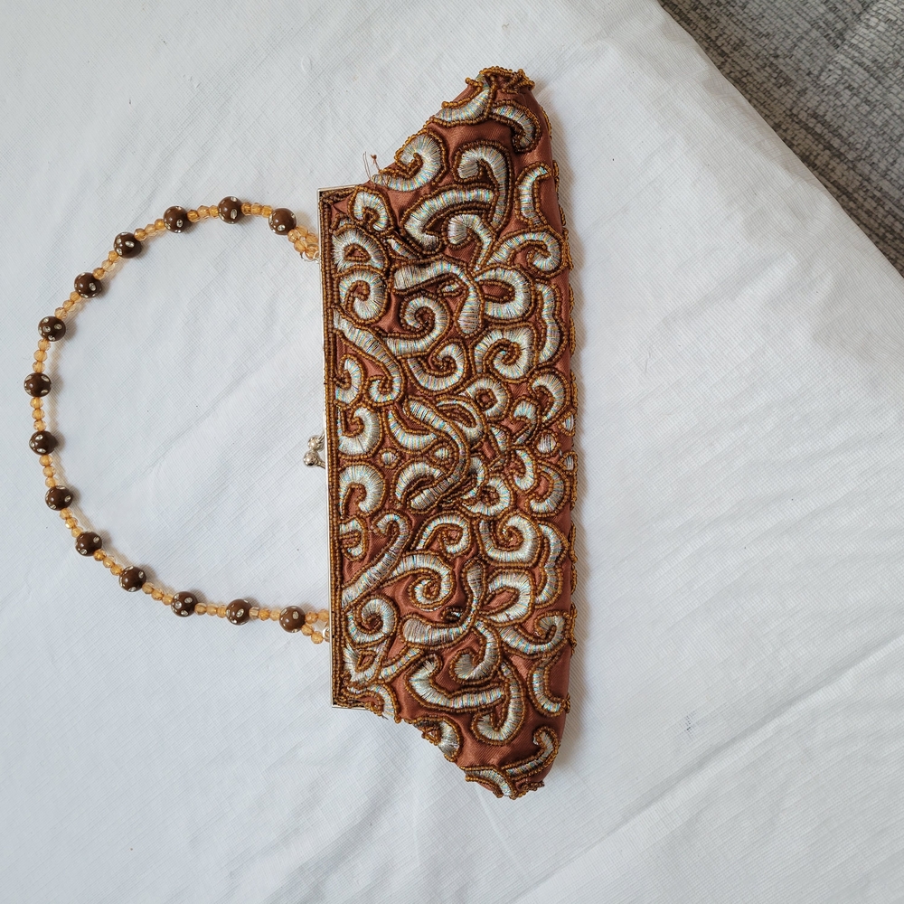 Gold and Brown Triangular Clutch with Beaded Handle